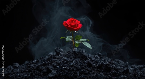 Bright red rose thriving on a heap of smoky ashes