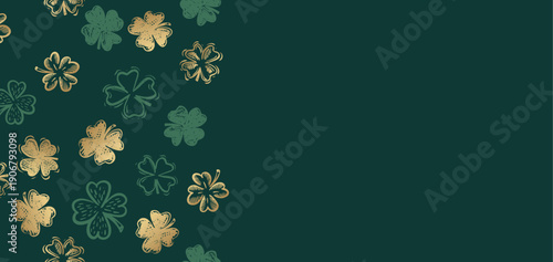Patricks Day, Gold Clover pattern on green, hand drawn illustrations.