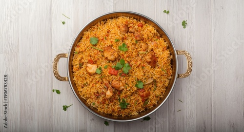 Indian non veg spicy chicken biryani with aromatic spices and basmati rice overhead view