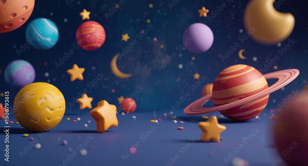 Naklejka premium Artistic 2D scene combining 3D cartoon planets stars and moons within a vast imaginative galactic backdrop