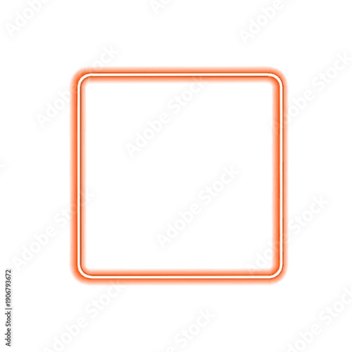 Orange neon square frame shining with intense glow. Bright border isolated on transparent background. Vector geometric light element PNG.
