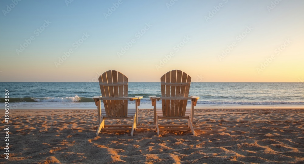 Fototapeta premium Investment strategy concept portrayed by two empty chairs on beach with ocean view symbolizing retirement goals