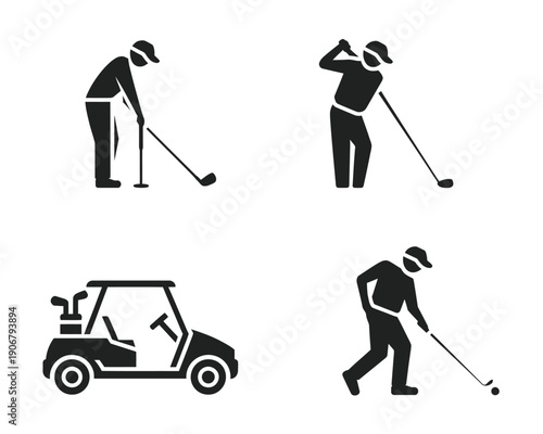 A set of black silhouettes depicting golfers in various poses with a golf cart on a white background