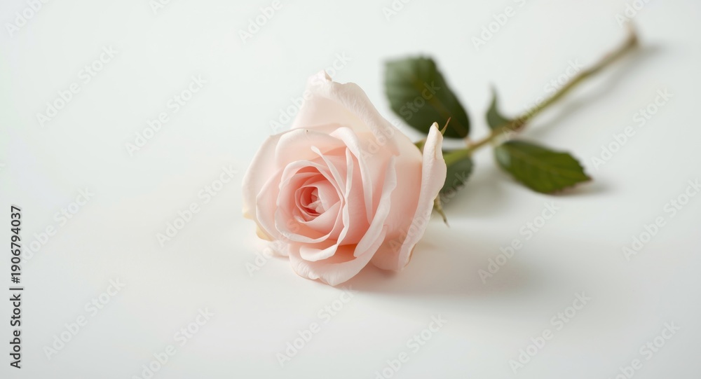Fototapeta premium Isolated light pink rose flower with detached leaf and bud on white