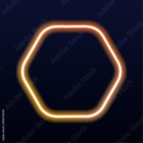 Orange neon hexagon frame with sparkling luminous edges. Isolated on black background for banners, posters, and social media. Vector illustration.