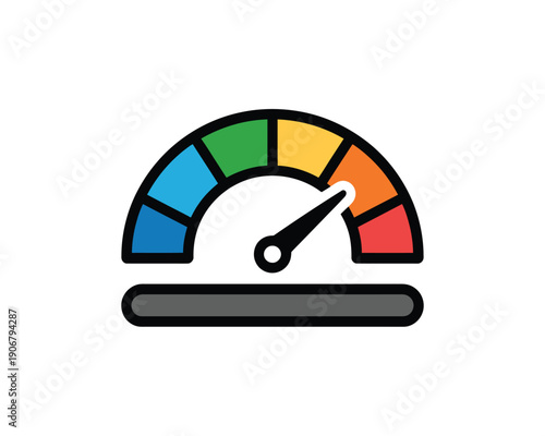 A colorful speedometer gauge with a needle pointing to a specific level on a white background