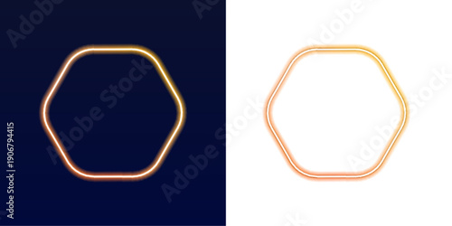 Orange neon hexagon frame with sparkling luminous edges. Perfect for digital banners, posters, and social media graphics. Futuristic vector PNG.