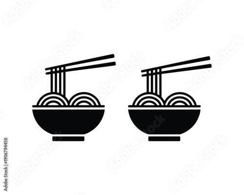 A minimalist illustration of two bowls of noodles with chopsticks on a white background