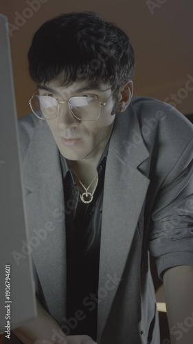 Wallpaper Mural Young male individual with dark hair and glasses leans forward, intently focused on computer screen, wearing gray blazer in a dimly lit indoor setting, hdr video with neutral color Torontodigital.ca