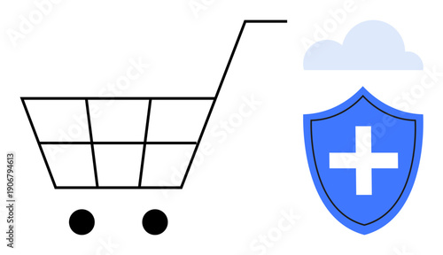 E-commerce, health insurance, cyber protection, online shopping, cloud storage, data privacy. Minimalist shopping cart and shield with medical cross under a cloud. E-commerce and health insurance