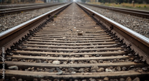 Long iron rails arranged on train tracks forming a textured background for transport use