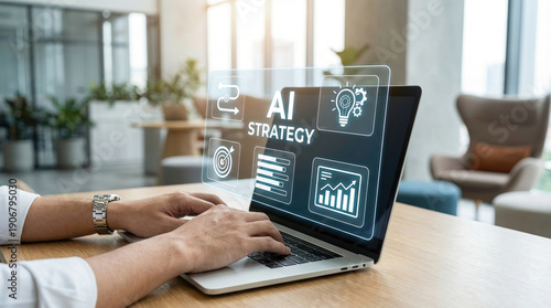 AI strategy business technology artificial intelligence digital transformation planning data analysis innovation laptop user in office workspace for business growth and corporate success.