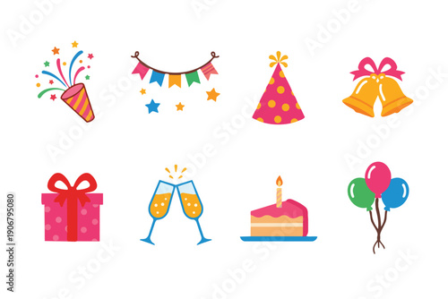 Birthday party including popper cake balloons bells gift and glasses celebration