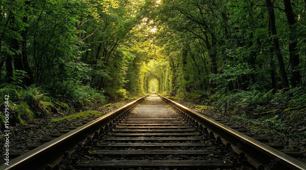 Obraz premium Sunlit Railway Tracks Disappearing into a Magical Lush Green Forest Tunnel