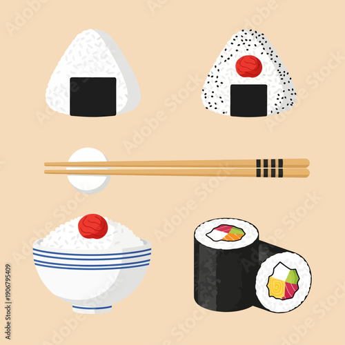 A delightful vector collection of traditional Japanese rice dishes featuring plain and seasoned onigiri, a classic umeboshi rice bowl, and colorful sushi rolls arranged with wooden chopsticks