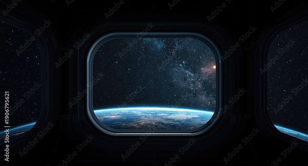 Fototapeta premium Globe observation from a space vessel window amid interstellar voyage