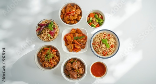 Wallpaper Mural Freshly prepared Chinese food in assorted bowls placed on a bright white background Torontodigital.ca