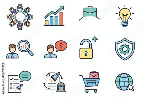 Business concept meeting graph briefcase lightbulb magnifying glass collaboration