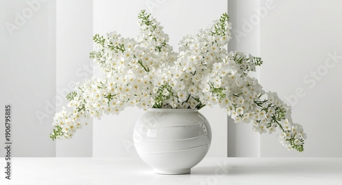 Lively mimosa flowers placed in a sizable white vessel with a crisp white surrounding