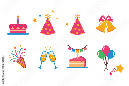 Birthday party celebration with cakes balloons and confetti birthday cake party hat