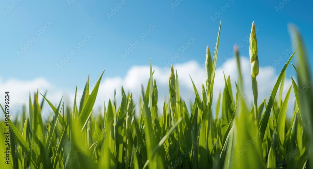 Obraz premium Healthy plant shoots against bright sky symbolizing profit increase and business expansion