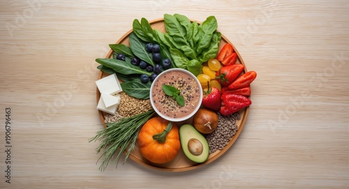 Flat composition of healthy liquid diet components and explanatory text overlay