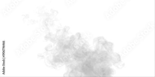 Gray smoke drifts across white background beneath soft cloud layer with light puff motion. Mist and steam shape atmospheric phenomena, forming realistic fog, vapor, thunder, storm textures. PNG vector