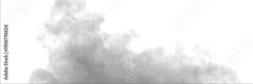 Smoky cloud spreads over white space while gray smoke rises with swirl movement. Atmospheric phenomena appear through mist and steam, producing realistic storm, thunder, vapor, fog effects. PNG vector