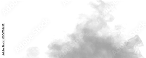 Gray smoke drifts under white cloud on white background with haze. Mist and steam shape atmospheric phenomena, creating realistic fog, vapor, thunder, storm mood with fire burning flame. PNG vector.