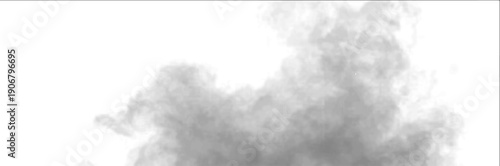 Soft white cloud forms float above gray smoke on clean background with haze details. Mist and steam enhance atmospheric phenomena, bringing realistic fog, vapor, thunder, storm patterns. PNG vector.