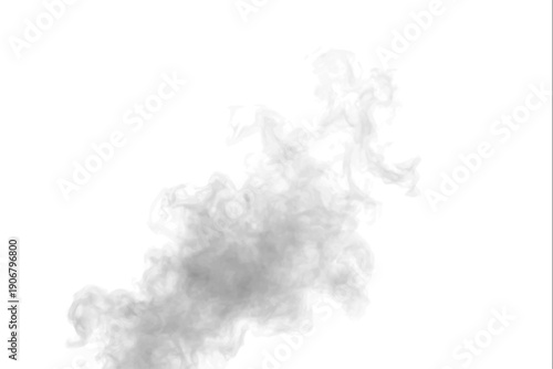 Gray smoke curls under a bright white cloud with turbulence and puff accents. Steam blends with mist across atmospheric phenomena, revealing realistic storm, thunder, vapor, fog textures. PNG vector.