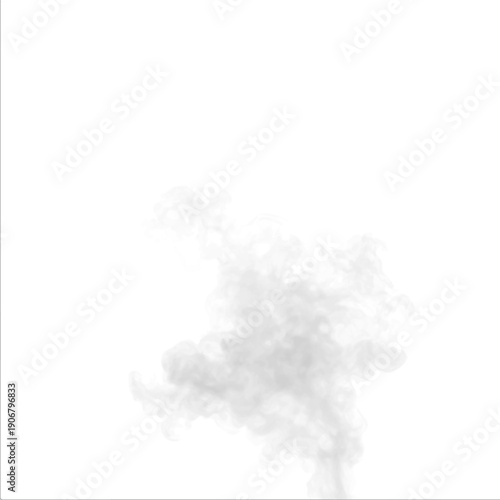Smoky cloud spreads over white space while gray smoke rises with swirl movement. Atmospheric phenomena appear through mist and steam, producing realistic storm, thunder, vapor, fog effects. PNG vector