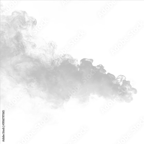 Gray smoke curls under a bright white cloud with turbulence and puff accents. Steam blends with mist across atmospheric phenomena, revealing realistic storm, thunder, vapor, fog textures. PNG vector.