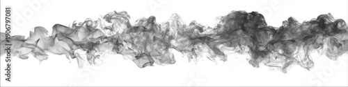 Soft white cloud forms float above gray smoke on clean background with haze details. Mist and steam enhance atmospheric phenomena, bringing realistic fog, vapor, thunder, storm patterns. PNG vector.