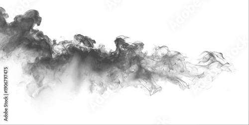 Grey smoke curls in soft layers, blending with mist and vapor. Steam rises, smoky fire burning flame glimmers. Realistic atmospheric phenomena unfold around cloud and fog. PNG vector.
