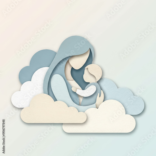 paper art illustration of a mother and child sharing a gentle embrace among the clouds. The layered paper creates a soft, 3D effect, perfect for Mother's Day, Vector illustration
