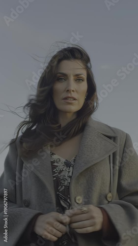 Wallpaper Mural Woman with long dark hair in gray coat stands outdoors, wind blowing through her hair, gazing thoughtfully into the distance against a clear sky backdrop, hdr video with neutral color Torontodigital.ca