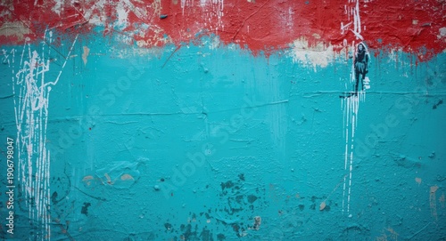Bright blue teal and red textured wall featuring white paint brush strokes contemporary street fashion backdrop with copy space