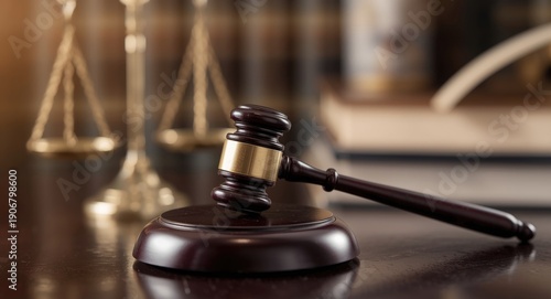 Law practice desk featuring judge's gavel, blurred scales of justice, and decorative hourglass
