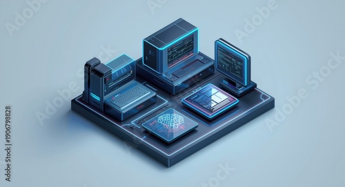 Isometric scene of corporate AI systems with brain network control and next generation technology