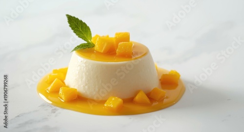 Classic Italian panna cotta dessert topped by mango jelly and fresh diced mango on white backdrop with copy space