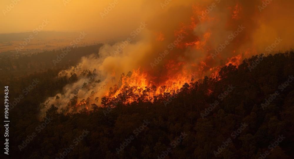 Fototapeta premium Forest fire progression tracked by fire service using aerial camera during crisis