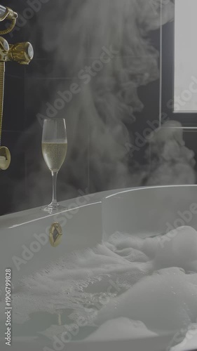 Wallpaper Mural Elegant bathtub filled with bubbles and steam, accompanied by a glass of sparkling wine, set in a luxurious bathroom with modern fixtures and natural light, hdr video with neutral color Torontodigital.ca