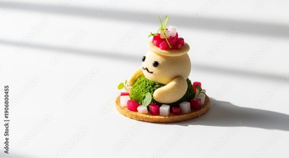 Fototapeta premium Whimsical dessert creation shaped like a cute character, artfully arranged with colorful fruits and greens.
