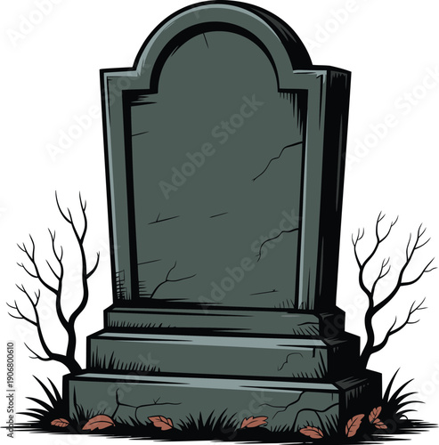 A lone gravestone standing amidst autumnal barren trees in a desolate cemetery scene