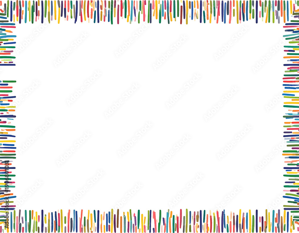 Obraz premium Empty white background with perimeter of multicolored rounded straight bar segments and dots 