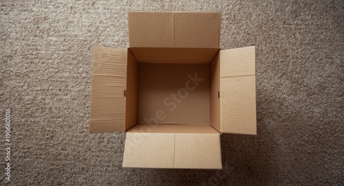 Close top perspective of an unfolded empty cardboard container on vacuumed coarse carpet texture with copyspace for moving house illustration