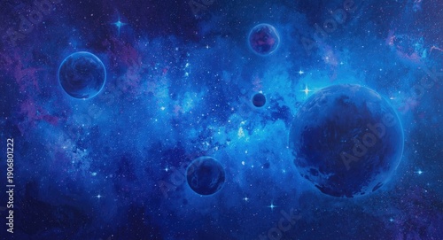 Electric blue celestial painting showcasing planets in vivid star-studded sky