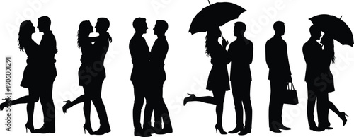 Romantic couple silhouettes, people in love, kissing, hugging, under umbrella, dating moments, relationship scene, emotional connection, passion, affection, lovers illustration