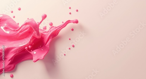 Bright pink paint splash on white flat background illuminated with soft light and copy space